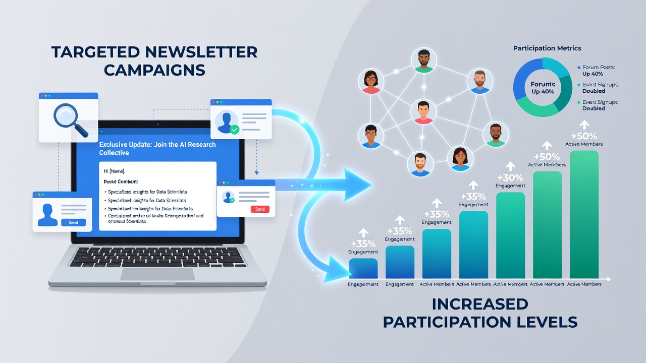 Data charts illustrating participation spikes following targeted email outreach in restructured online collectives