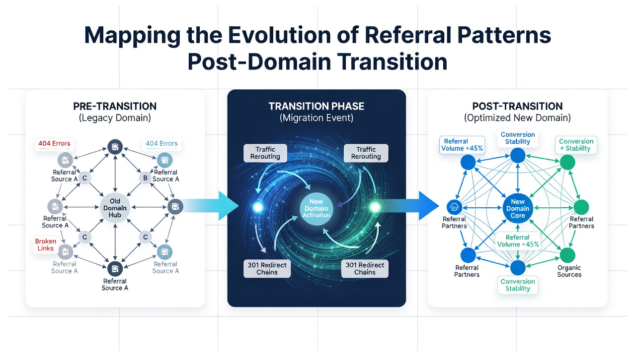 Detailed charts tracking referral source evolution over time with line graphs and pie charts illustrating percentage shifts post-migration